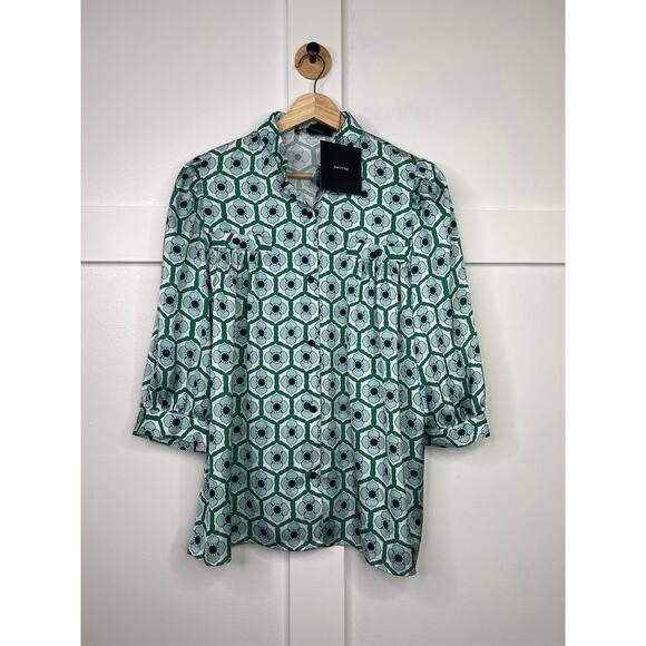 NWT Smythe 3/4 Sleeves Shirred Pocket Blouse Blue Green Floral Size: Small - Picture 2 of 7